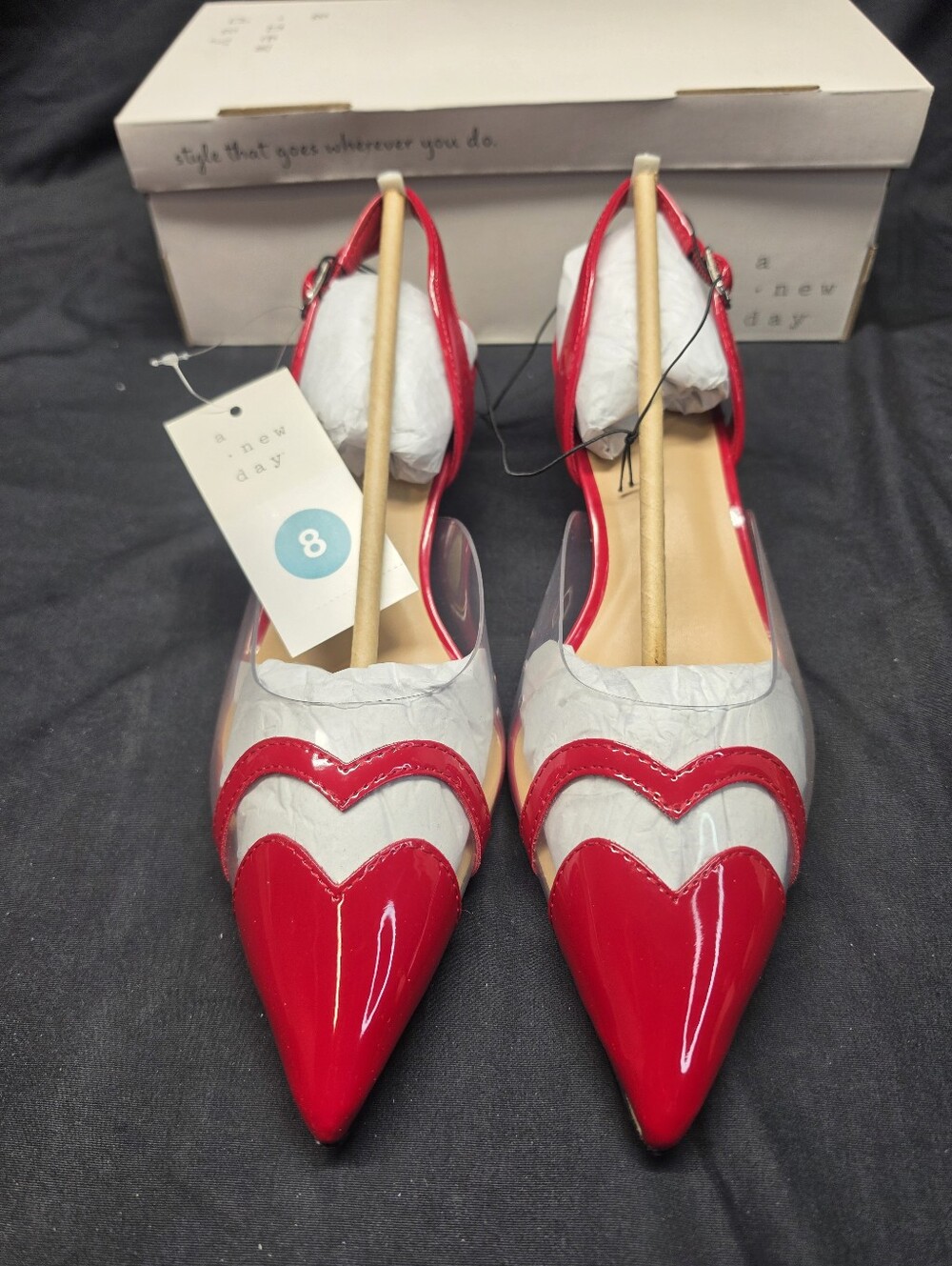 A New Day Eleanor Heart Slingback Heels Women's Various Sizes Red Patent NWT Box